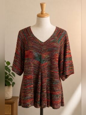 Faded Glory Rainbow Sheer Knit Tunic Top Large Boho V Neck Colorful Mesh